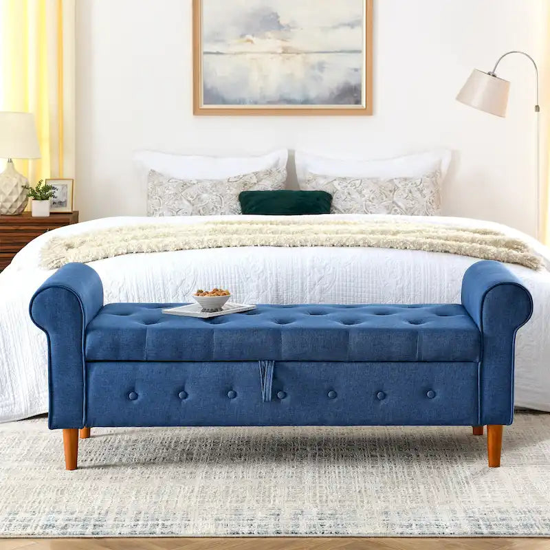 Modern Fabric Upholstered Storage Bench with Tufted Button and Rolled Arm