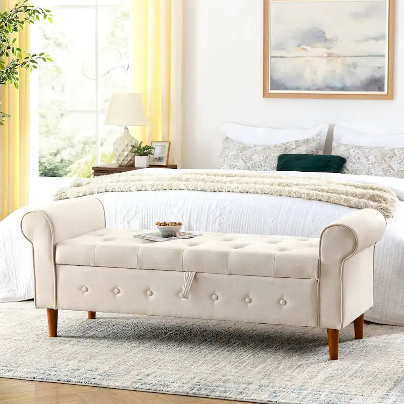 Modern Fabric Upholstered Storage Bench with Tufted Button and Rolled Arm