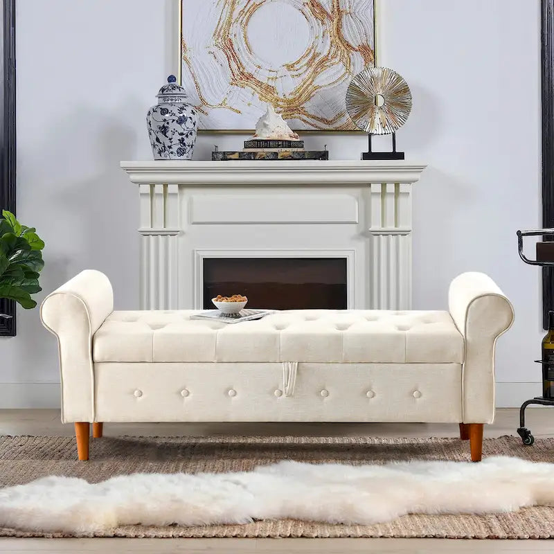 Modern Fabric Upholstered Storage Bench with Tufted Button and Rolled Arm