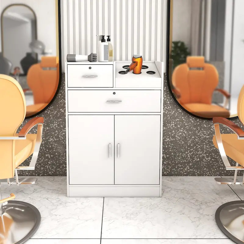 Locking Beauty Salon Storage Cabinet with Hair Dryer Holder and Stylist Equipment Drawer