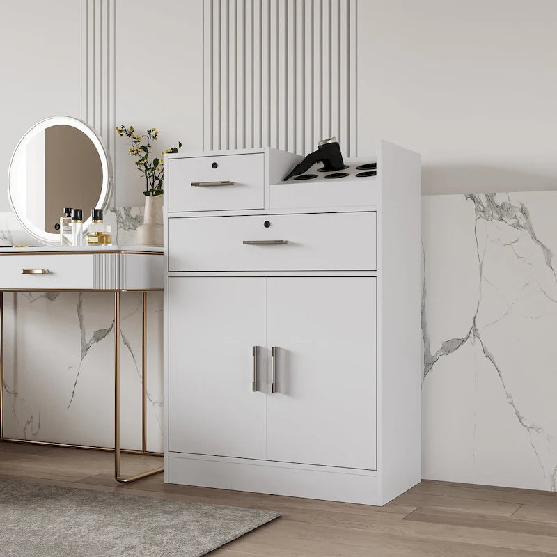 Locking Beauty Salon Storage Cabinet with Hair Dryer Holder and Stylist Equipment Drawer