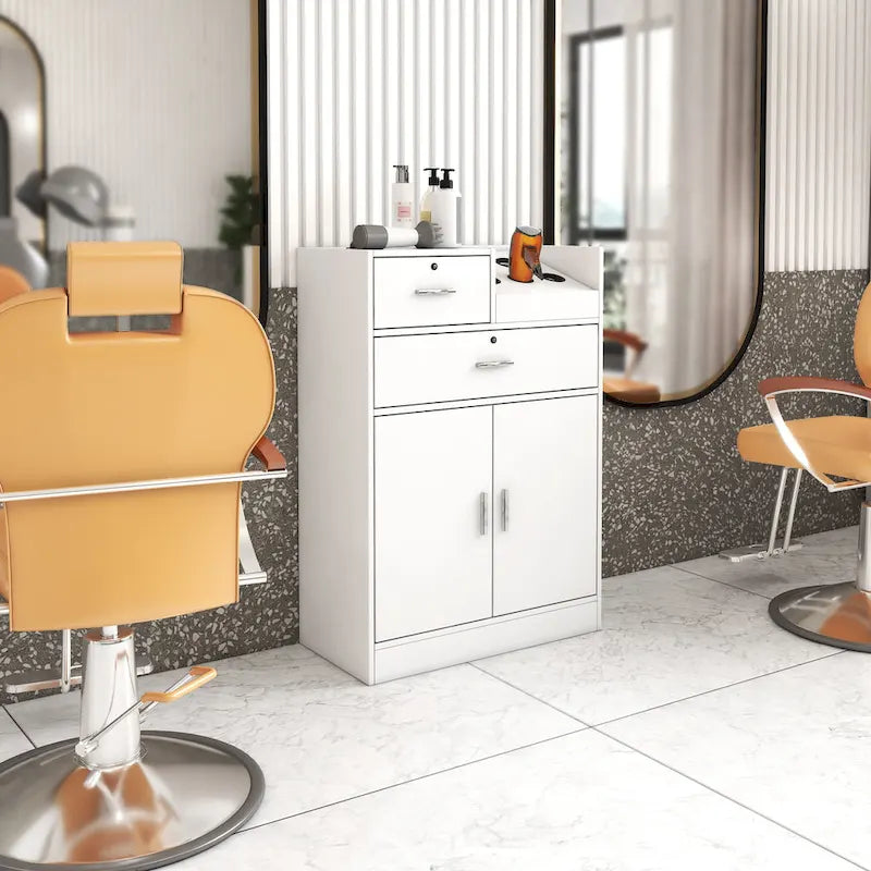 Locking Beauty Salon Storage Cabinet with Hair Dryer Holder and Stylist Equipment Drawer