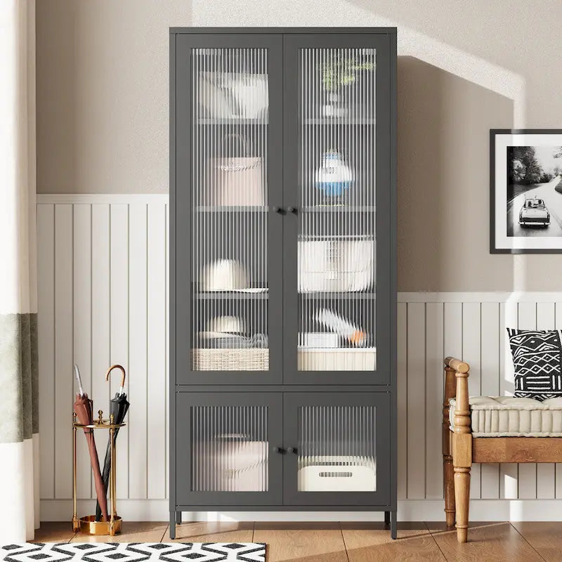 Großer Metall-Aufbewahrungsschrank, Vitrinenschrank mit 4 Glastüren, 5 Einlegeböden, freistehender Bücherregalschrank
