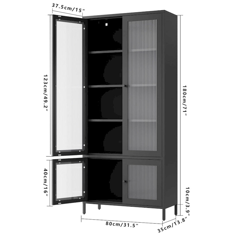 Großer Metall-Aufbewahrungsschrank, Vitrinenschrank mit 4 Glastüren, 5 Einlegeböden, freistehender Bücherregalschrank