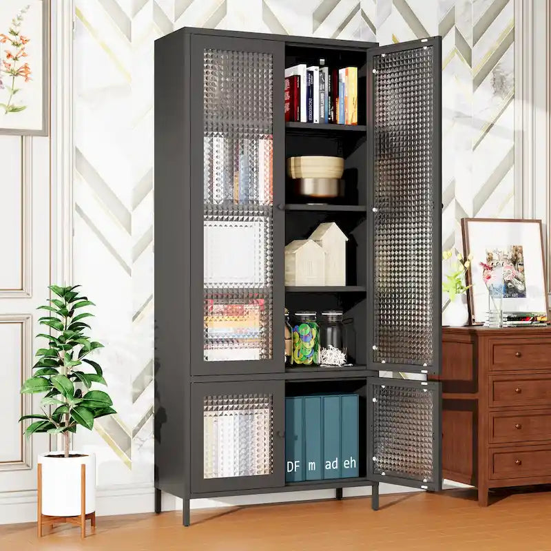 Großer Metall-Aufbewahrungsschrank, Vitrinenschrank mit 4 Glastüren, 5 Einlegeböden, freistehender Bücherregalschrank