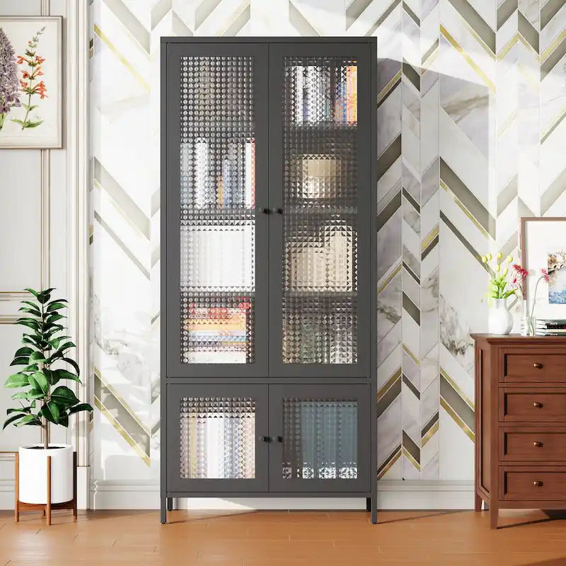 Großer Metall-Aufbewahrungsschrank, Vitrinenschrank mit 4 Glastüren, 5 Einlegeböden, freistehender Bücherregalschrank