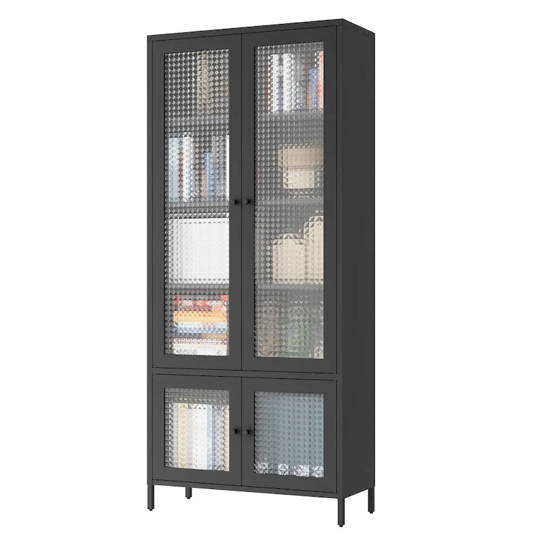Großer Metall-Aufbewahrungsschrank, Vitrinenschrank mit 4 Glastüren, 5 Einlegeböden, freistehender Bücherregalschrank