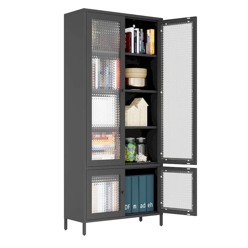 Großer Metall-Aufbewahrungsschrank, Vitrinenschrank mit 4 Glastüren, 5 Einlegeböden, freistehender Bücherregalschrank