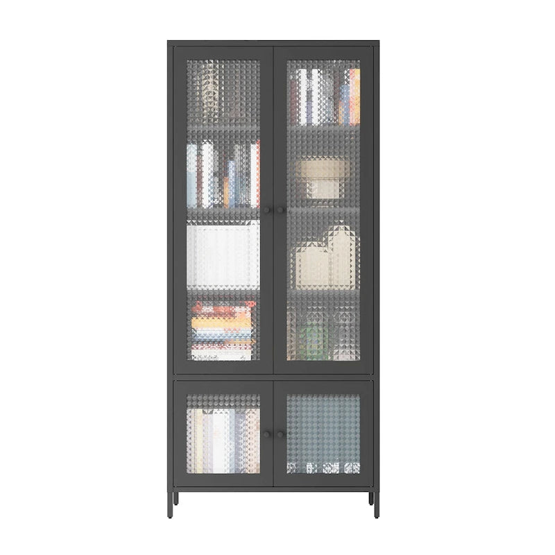 Großer Metall-Aufbewahrungsschrank, Vitrinenschrank mit 4 Glastüren, 5 Einlegeböden, freistehender Bücherregalschrank