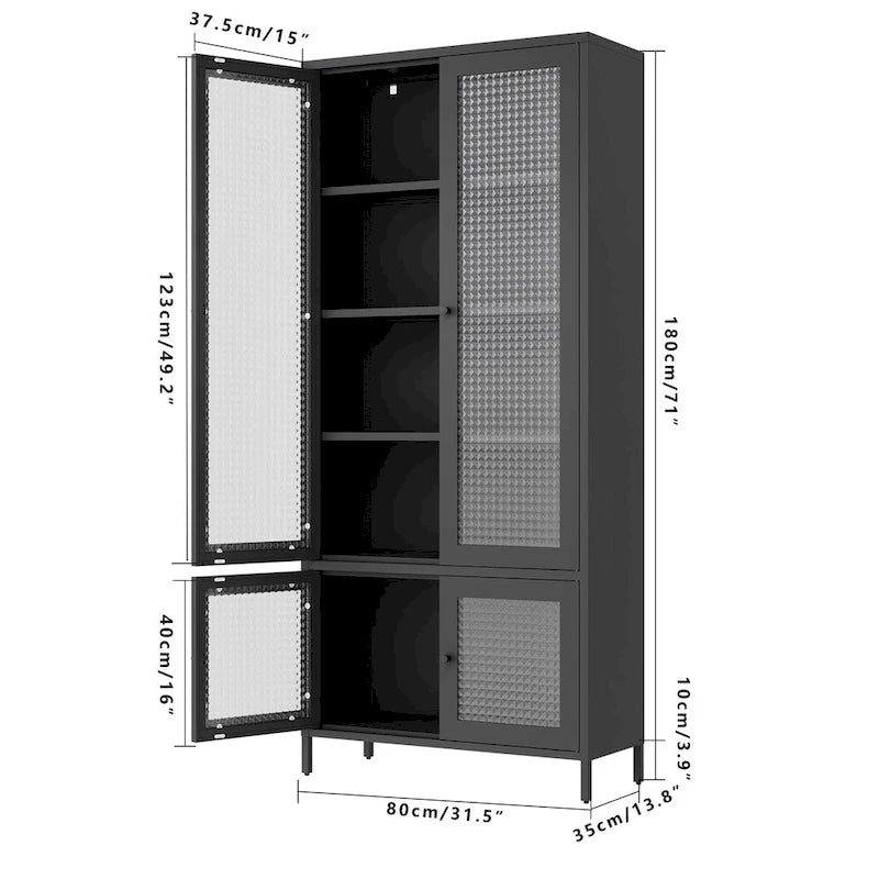 Großer Metall-Aufbewahrungsschrank, Vitrinenschrank mit 4 Glastüren, 5 Einlegeböden, freistehender Bücherregalschrank