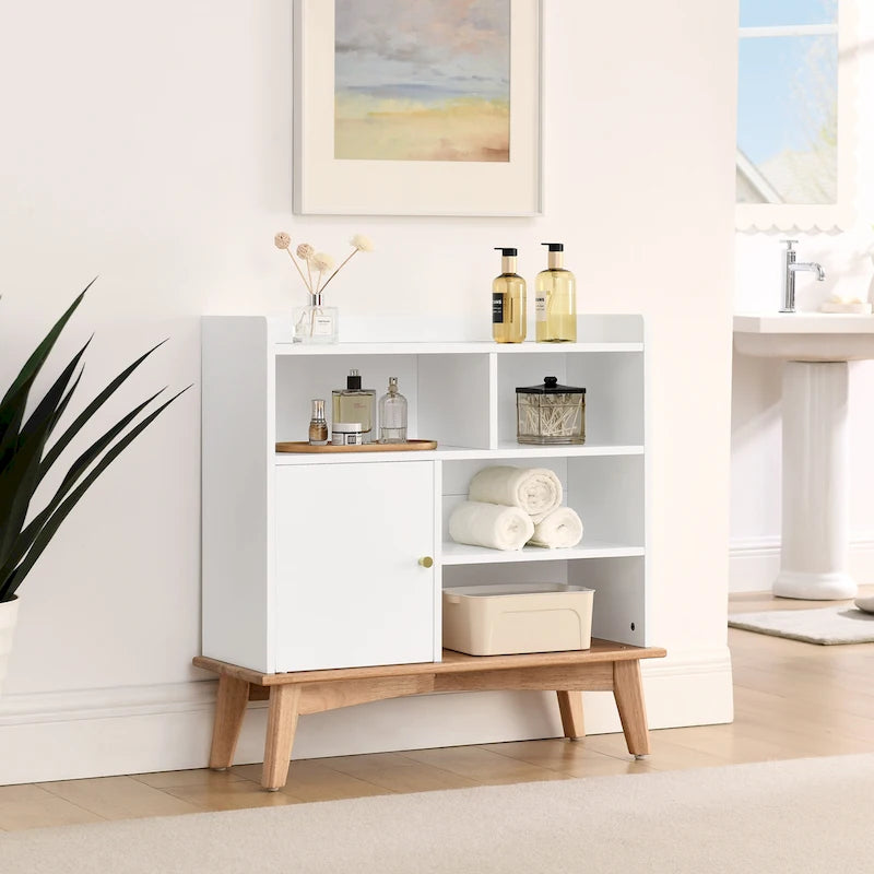 Aufbewahrungsschrank mit Colorblocking-Design, Massivholzsockel und -füßen, Bodenschrank