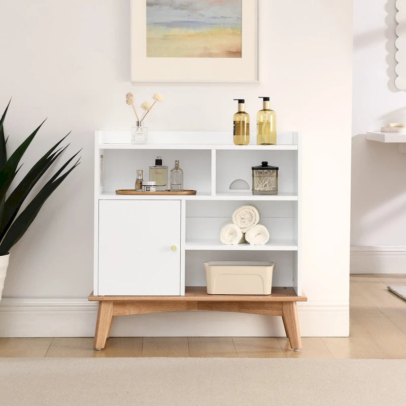 Meuble de rangement bicolore avec base et pieds en bois massif, meuble bas