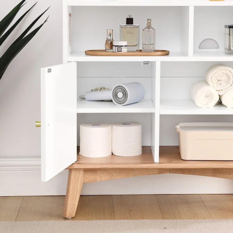 Meuble de rangement bicolore avec base et pieds en bois massif, meuble bas