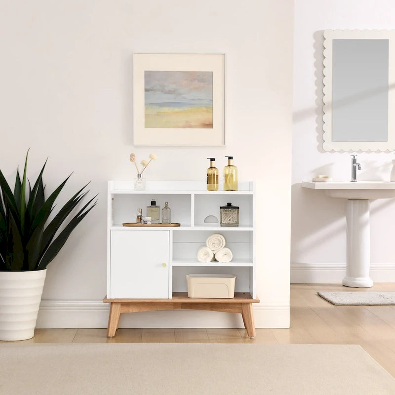 Meuble de rangement bicolore avec base et pieds en bois massif, meuble bas