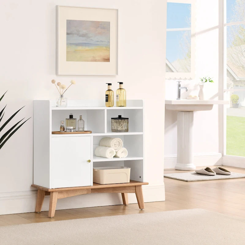 Meuble de rangement bicolore avec base et pieds en bois massif, meuble bas