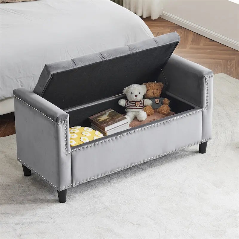 Opbergbank, 44.5-inch koningsblauwe fluwelen gecapitonneerde bedbank met armleuningen