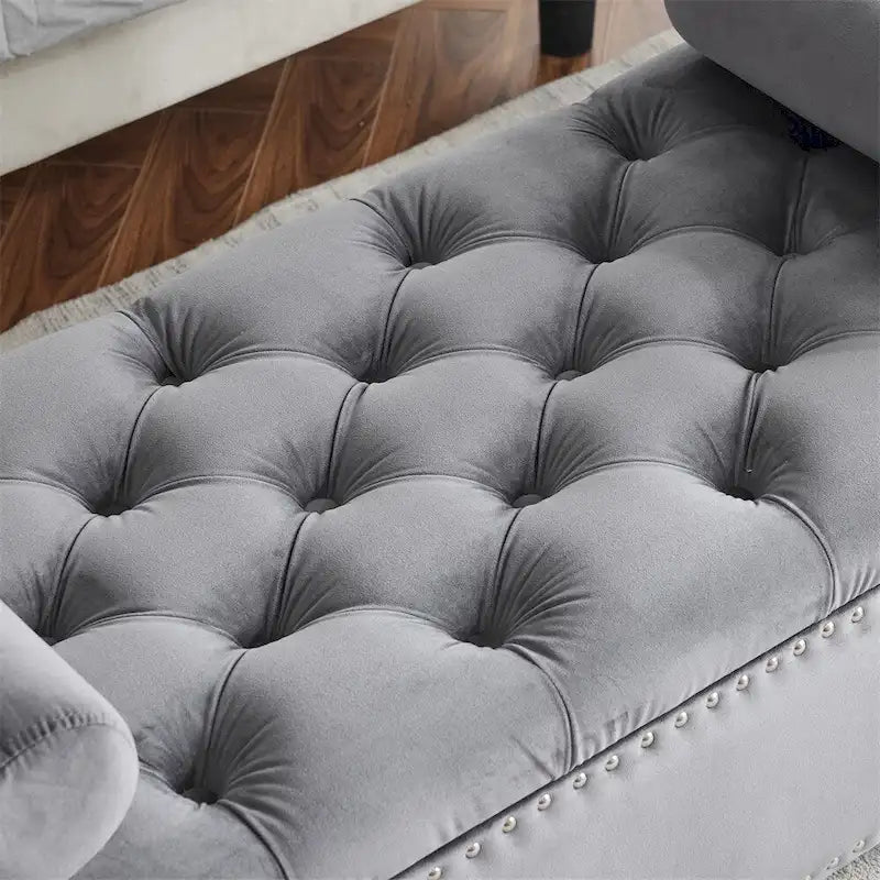 Opbergbank, 44.5-inch koningsblauwe fluwelen gecapitonneerde bedbank met armleuningen