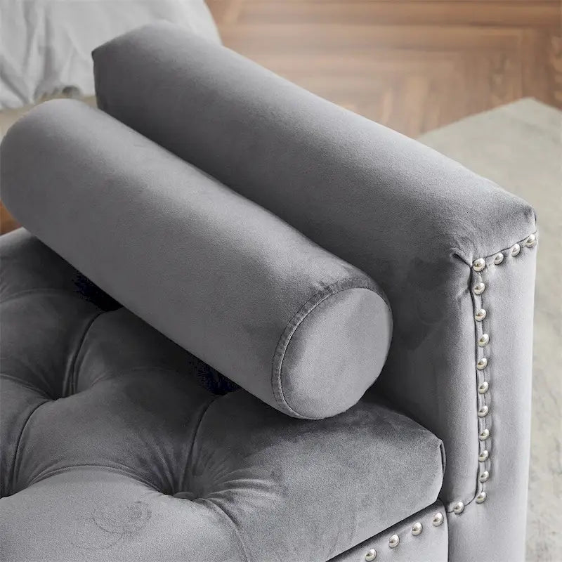 Opbergbank, 44.5-inch koningsblauwe fluwelen gecapitonneerde bedbank met armleuningen
