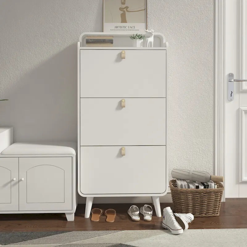 Moderner Schuhschrank mit Bogendesign und 3 Schubladen, Schuhschrank für den Eingangsbereich, weiße Oberfläche