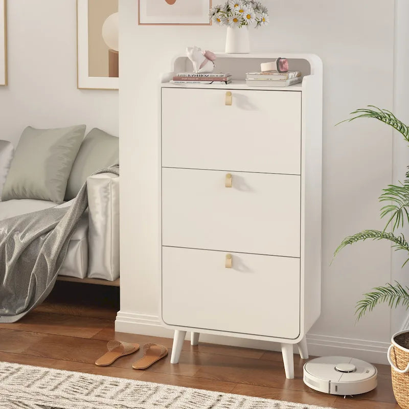Moderner Schuhschrank mit Bogendesign und 3 Schubladen, Schuhschrank für den Eingangsbereich, weiße Oberfläche