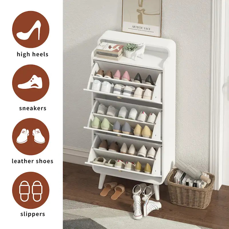 Moderner Schuhschrank mit Bogendesign und 3 Schubladen, Schuhschrank für den Eingangsbereich, weiße Oberfläche