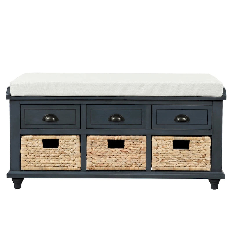 Panca contenitore rustica con 3 cassetti e 3 cestini in rattan