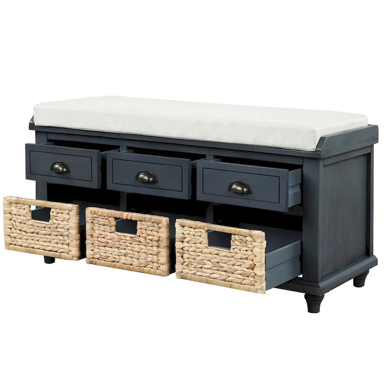 Panca contenitore rustica con 3 cassetti e 3 cestini in rattan