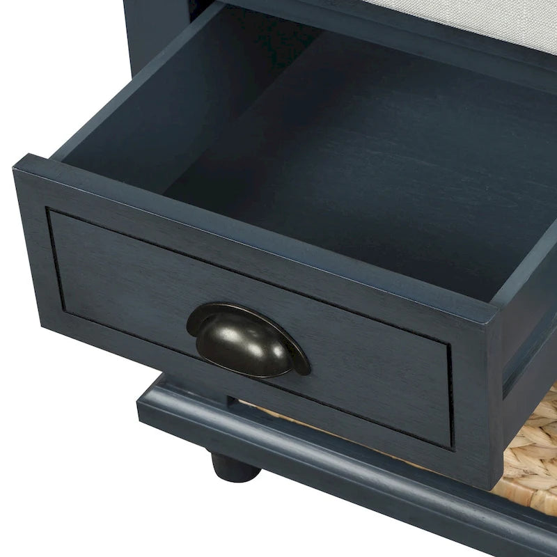 Panca contenitore rustica con 3 cassetti e 3 cestini in rattan