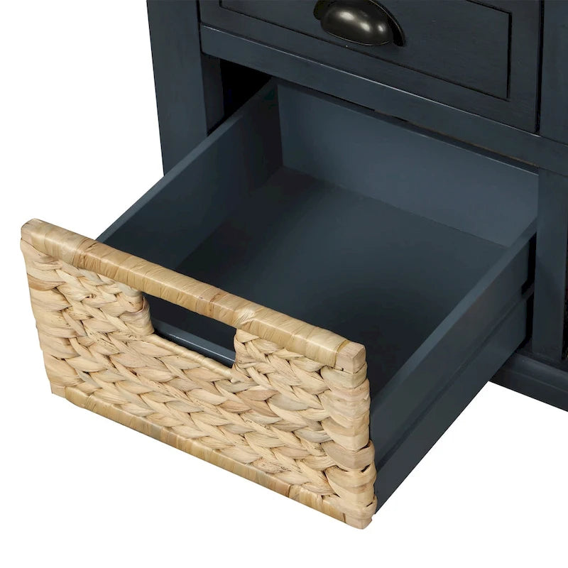 Panca contenitore rustica con 3 cassetti e 3 cestini in rattan