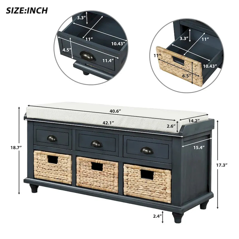 Panca contenitore rustica con 3 cassetti e 3 cestini in rattan