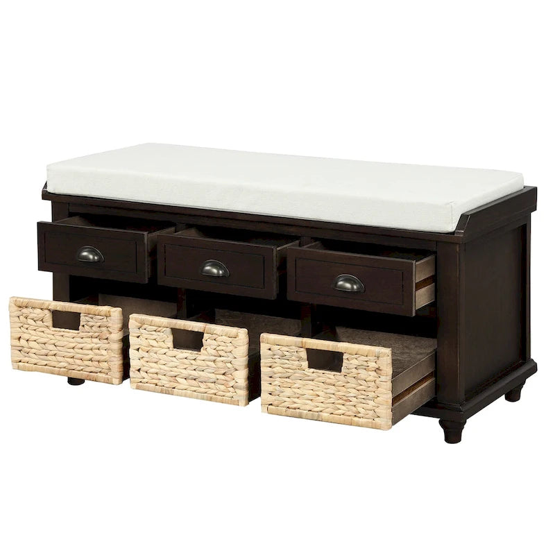 Panca contenitore rustica con 3 cassetti e 3 cestini in rattan