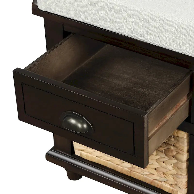 Panca contenitore rustica con 3 cassetti e 3 cestini in rattan