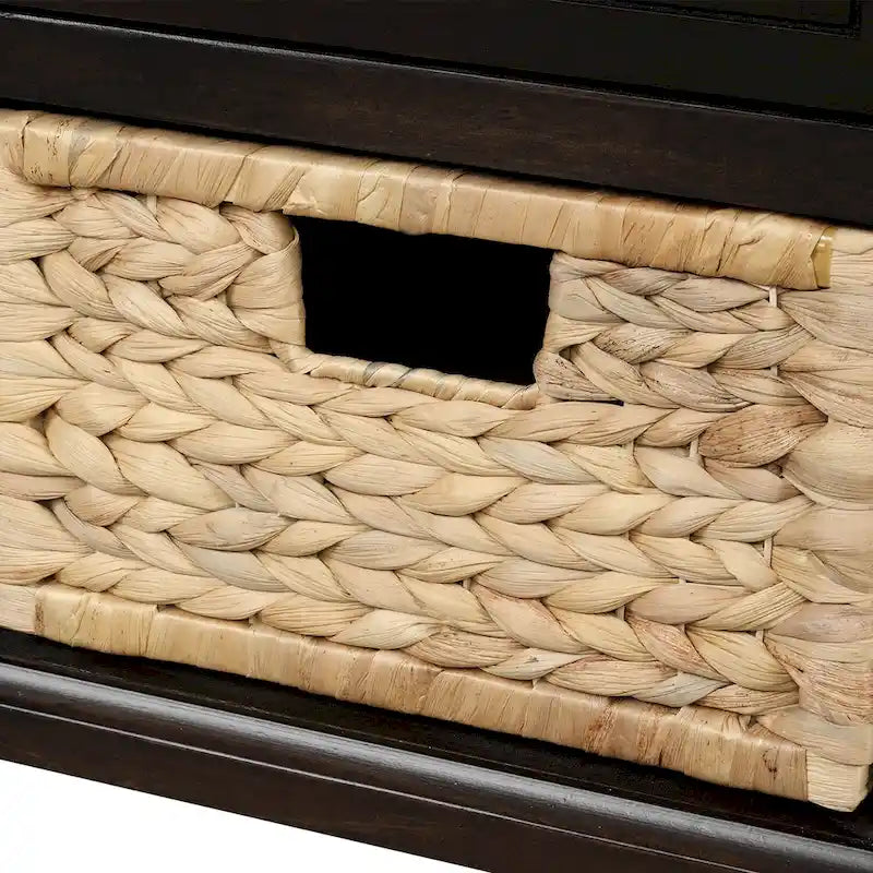 Panca contenitore rustica con 3 cassetti e 3 cestini in rattan
