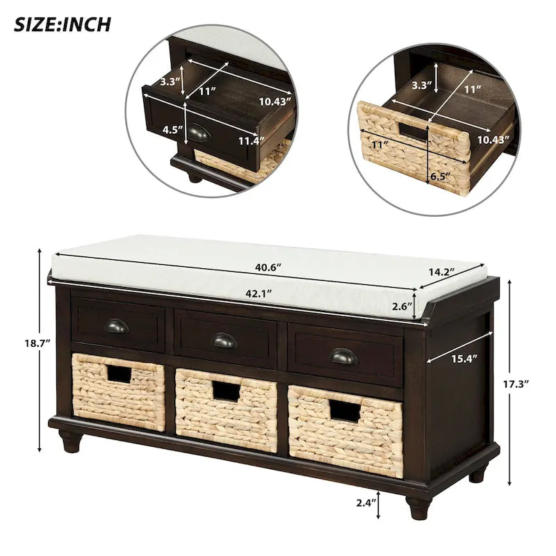 Panca contenitore rustica con 3 cassetti e 3 cestini in rattan