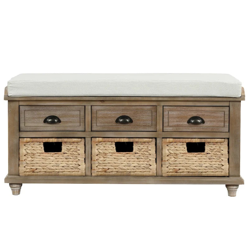 Panca contenitore rustica con 3 cassetti e 3 cestini in rattan