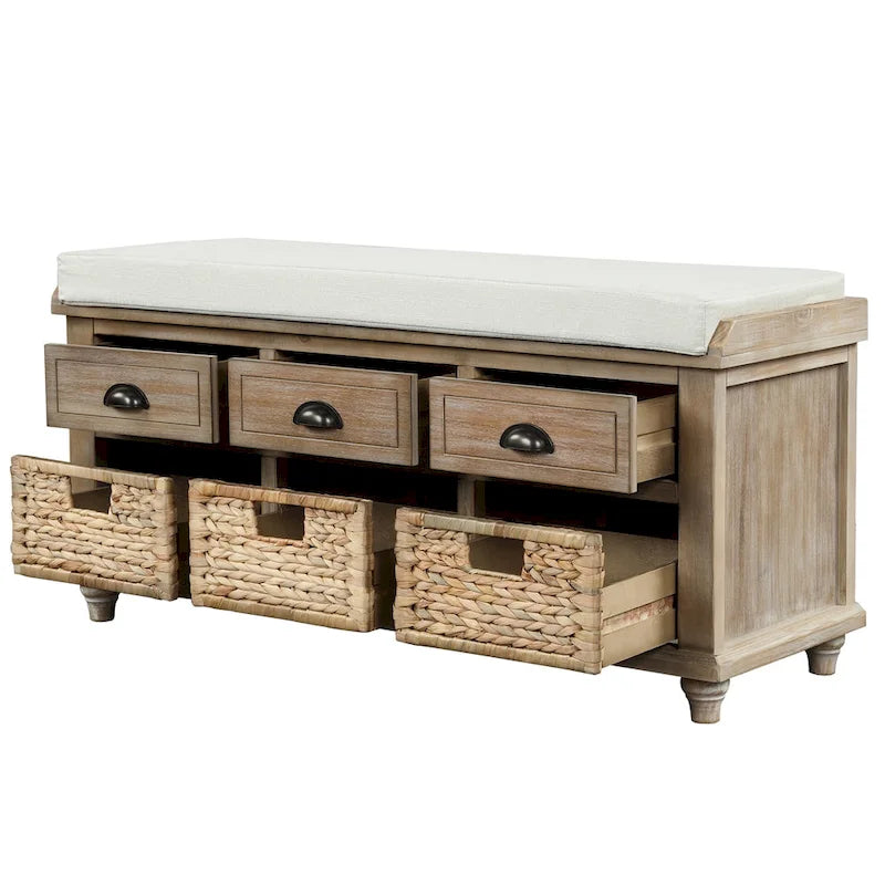 Panca contenitore rustica con 3 cassetti e 3 cestini in rattan