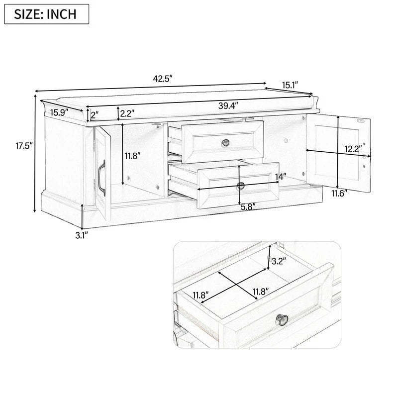 Shoe Stool with 2 Drawers and 2 Removable Pads, Living Room Locker for Entrance