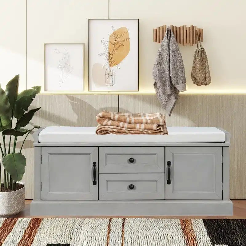 Shoe Stool with 2 Drawers and 2 Removable Pads, Living Room Locker for Entrance