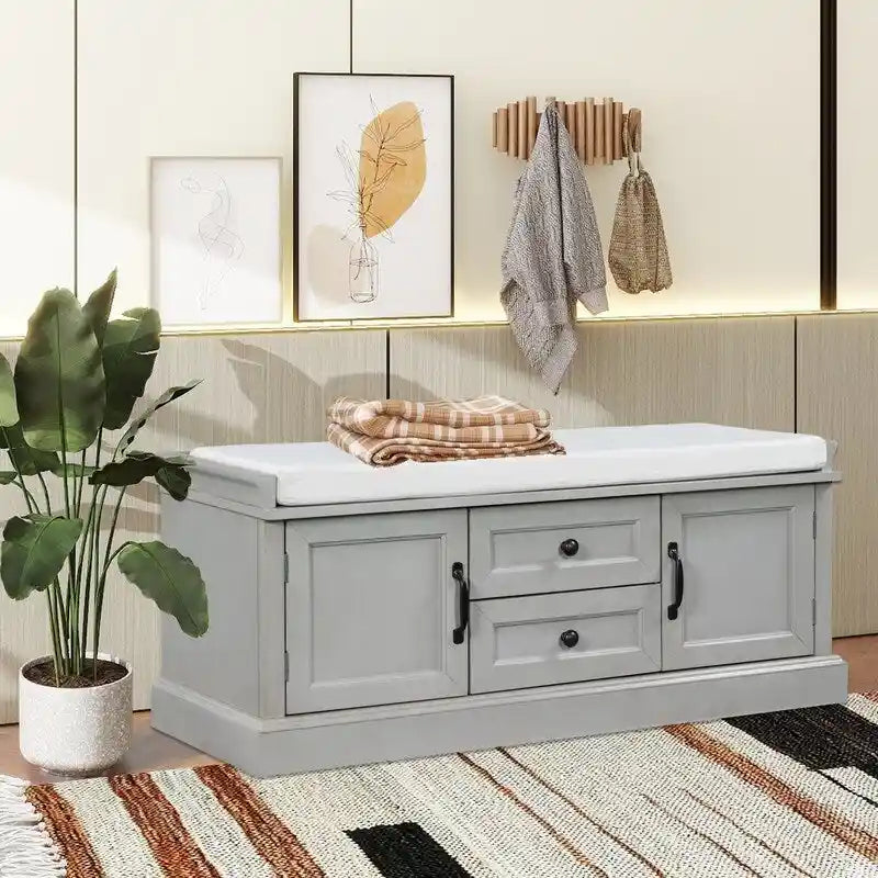 Shoe Stool with 2 Drawers and 2 Removable Pads, Living Room Locker for Entrance