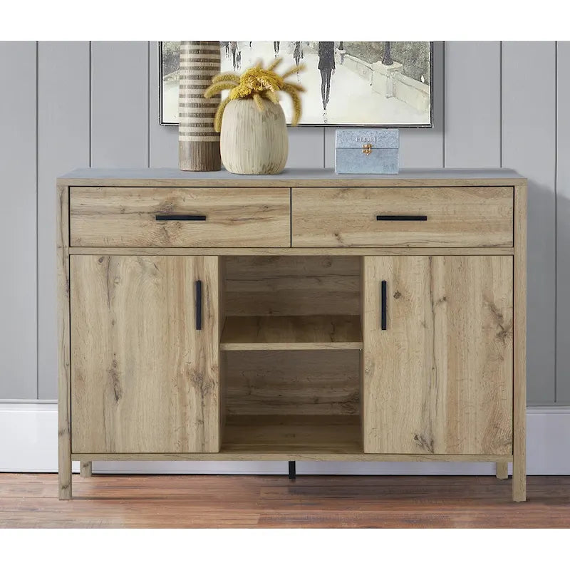 47W Sideboard-Aufbewahrungsschrank, Esszimmer-Anrichte mit zwei Schränken, zwei Schubladen und zwei offenen Regalen