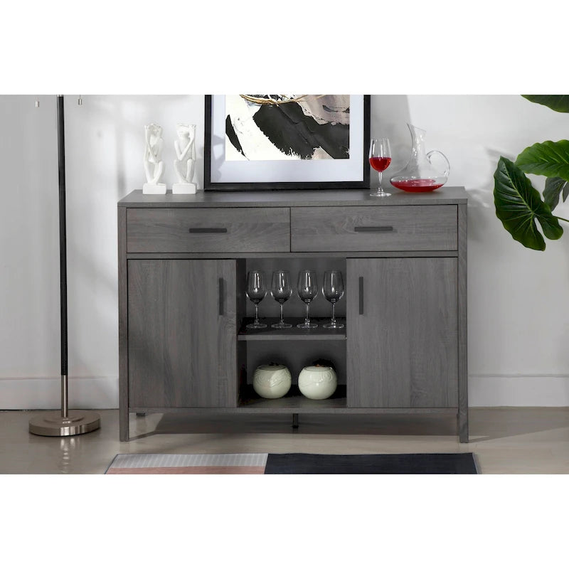 47W Sideboard-Aufbewahrungsschrank, Esszimmer-Anrichte mit zwei Schränken, zwei Schubladen und zwei offenen Regalen