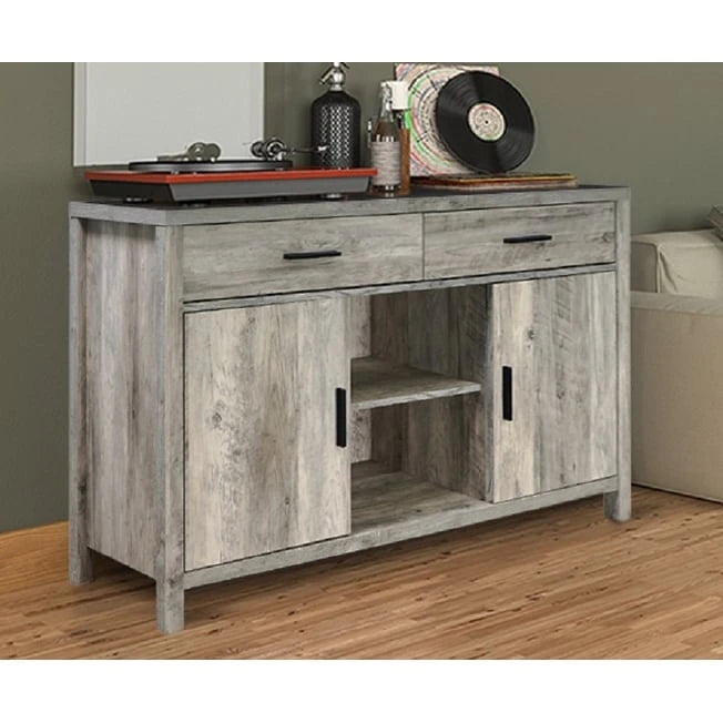 47W Sideboard-Aufbewahrungsschrank, Esszimmer-Anrichte mit zwei Schränken, zwei Schubladen und zwei offenen Regalen