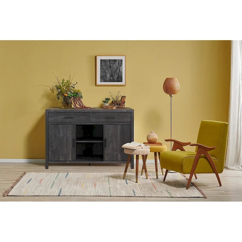47W Sideboard-Aufbewahrungsschrank, Esszimmer-Anrichte mit zwei Schränken, zwei Schubladen und zwei offenen Regalen