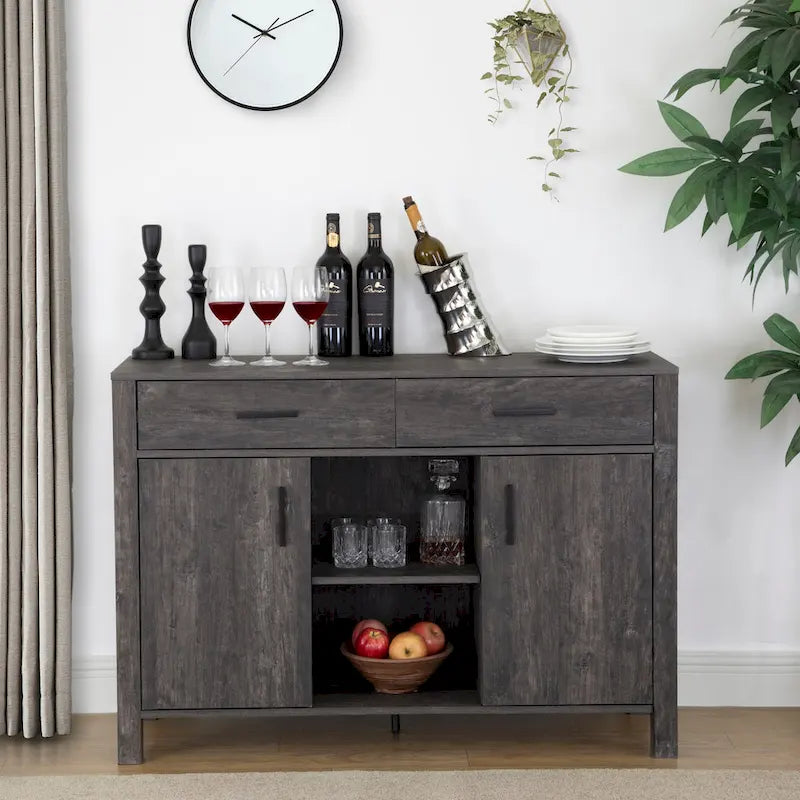 47W Sideboard-Aufbewahrungsschrank, Esszimmer-Anrichte mit zwei Schränken, zwei Schubladen und zwei offenen Regalen
