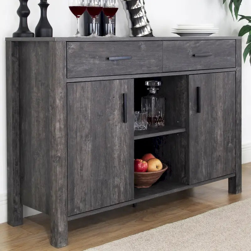 47W Sideboard-Aufbewahrungsschrank, Esszimmer-Anrichte mit zwei Schränken, zwei Schubladen und zwei offenen Regalen