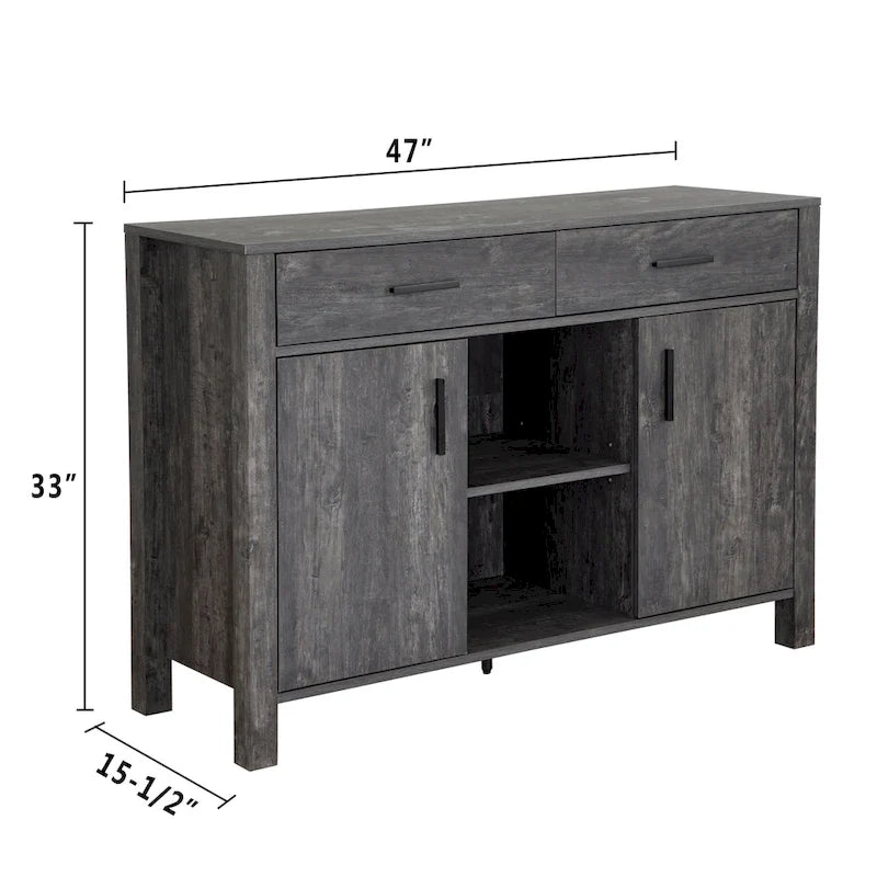 47W Sideboard-Aufbewahrungsschrank, Esszimmer-Anrichte mit zwei Schränken, zwei Schubladen und zwei offenen Regalen