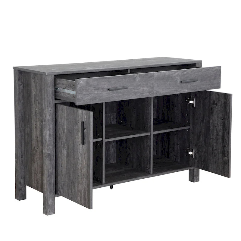 47W Sideboard-Aufbewahrungsschrank, Esszimmer-Anrichte mit zwei Schränken, zwei Schubladen und zwei offenen Regalen