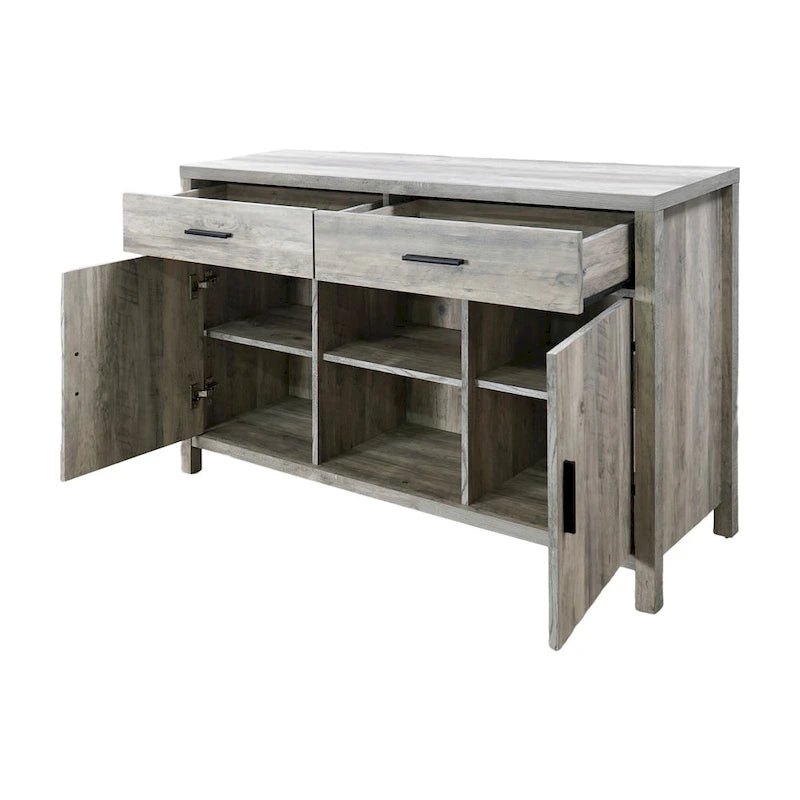 47W Sideboard-Aufbewahrungsschrank, Esszimmer-Anrichte mit zwei Schränken, zwei Schubladen und zwei offenen Regalen