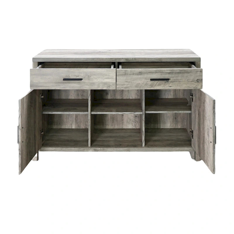 47W Sideboard-Aufbewahrungsschrank, Esszimmer-Anrichte mit zwei Schränken, zwei Schubladen und zwei offenen Regalen