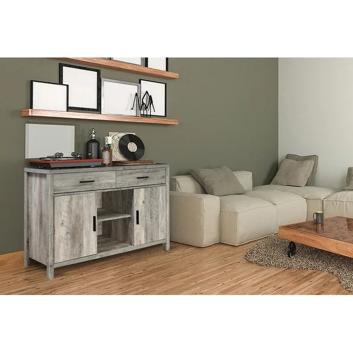 47W Sideboard-Aufbewahrungsschrank, Esszimmer-Anrichte mit zwei Schränken, zwei Schubladen und zwei offenen Regalen